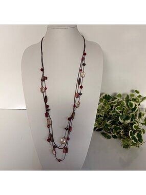 Boho-Inspired Multi-Strand Necklace Red and Clear Beads Bronze Tone Chains